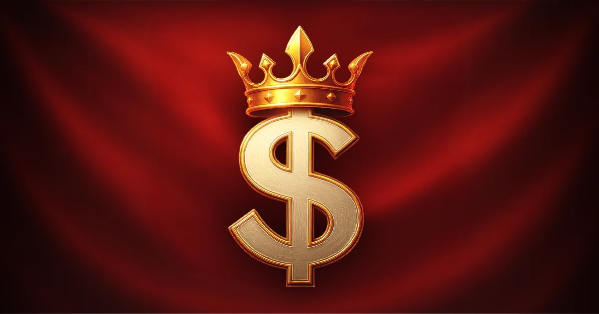 A gold dollar sign ($) with a regal crown on top, centered against a rich red satin background. The crown has a luxurious design with sharp tips and a polished golden finish, symbolizing wealth and power.