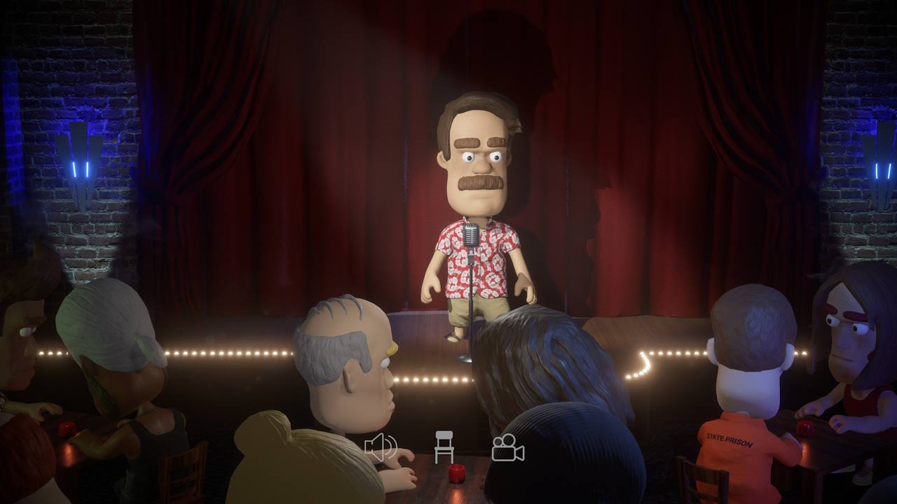 A stylized 3D rendering of a comedy club scene with audience members and a performer. The stage is backdropped by heavy red curtains, spotlighting a character standing at the microphone. This character is a figurine with an exaggerated facial expression, wearing a red Hawaiian shirt. The audience, depicted with similarly stylized features and expressions, is seated at tables with drinks, attentively facing the performer. The ambiance suggests a dimly lit venue, with a brick wall to the side and blue neon lights providing a soft glow to the intimate setting.